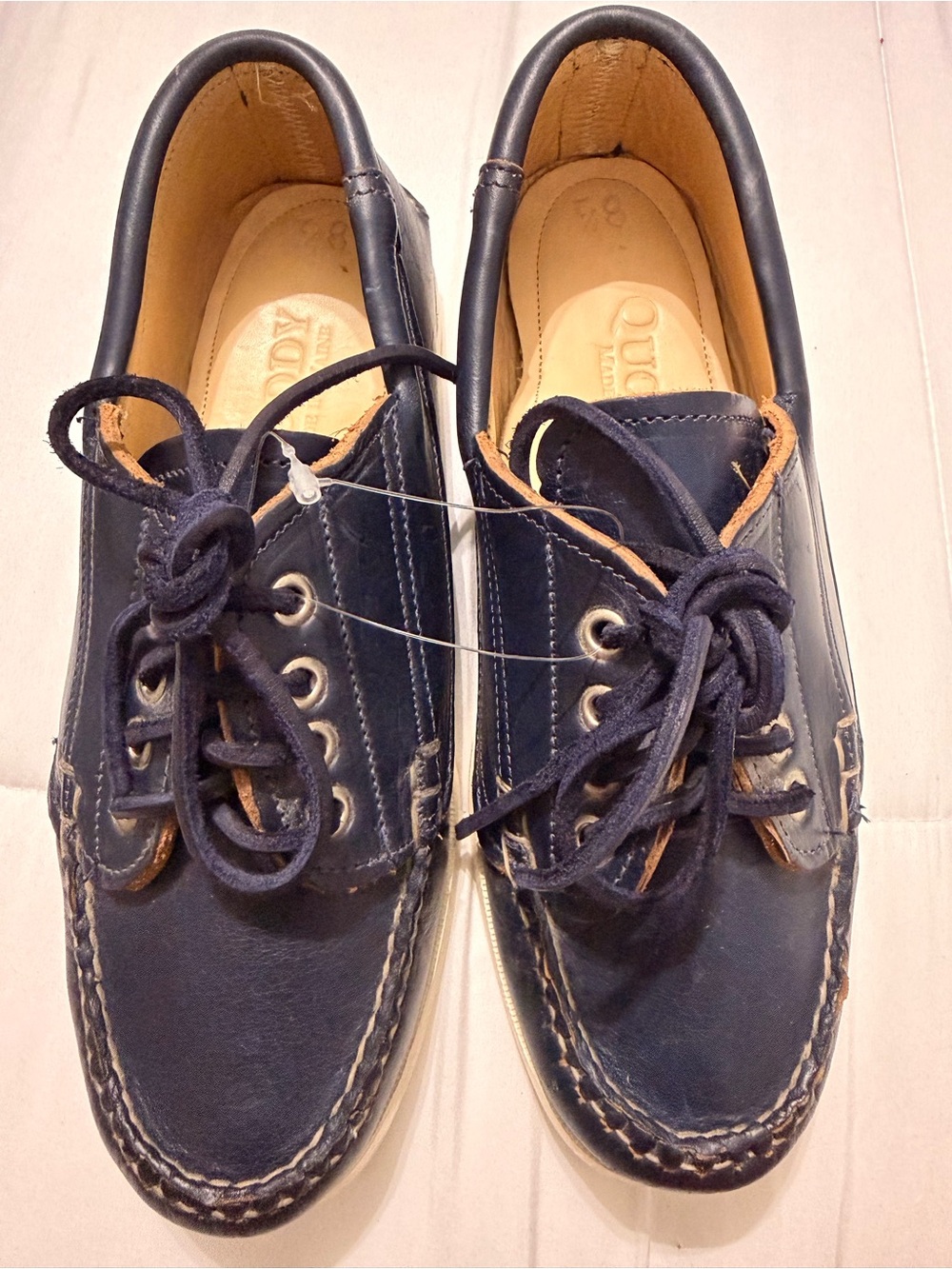 Quoddy Made in Maine Navy Blue Leather Boat Shoes Mens 8.5 Deck Shoes Handsewn